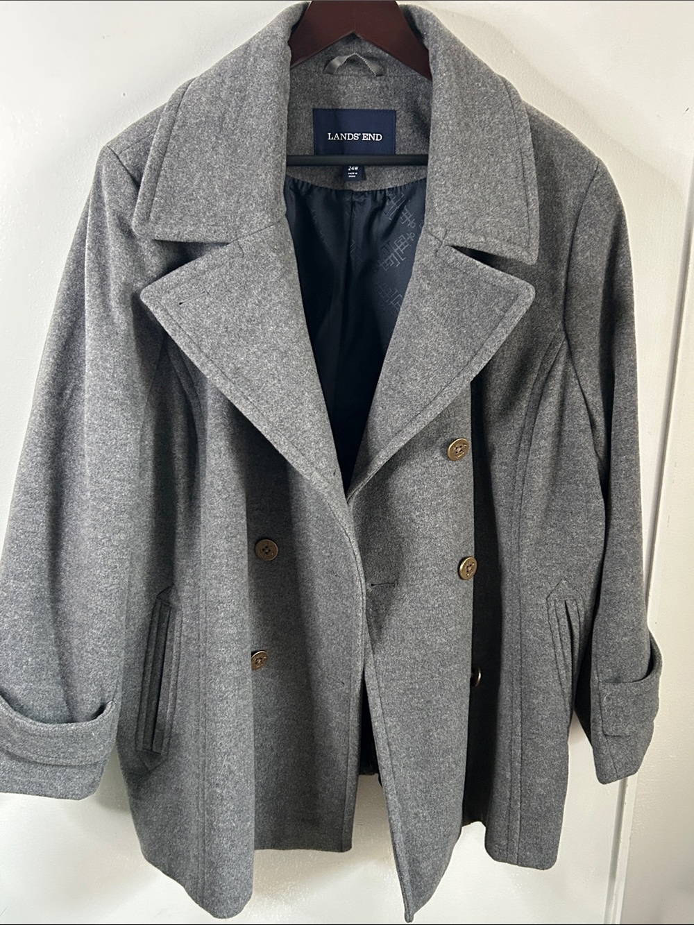 Lands' End Gray Double-Breasted Wool-Blend Peacoat - Picture 12 of 12